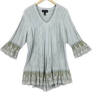 Gretty Zueger Embroidered Tunic S 3/4 Sleeve Lagenlook Lace Sage Top Small